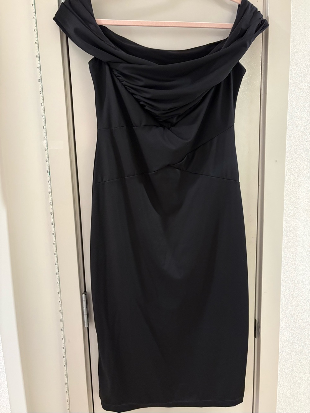 Elegant Black Off-Shoulder Midi Dress with Draped Neckline